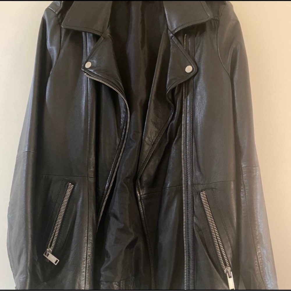 Zara genuine black leather biker motorcycle jacket S small